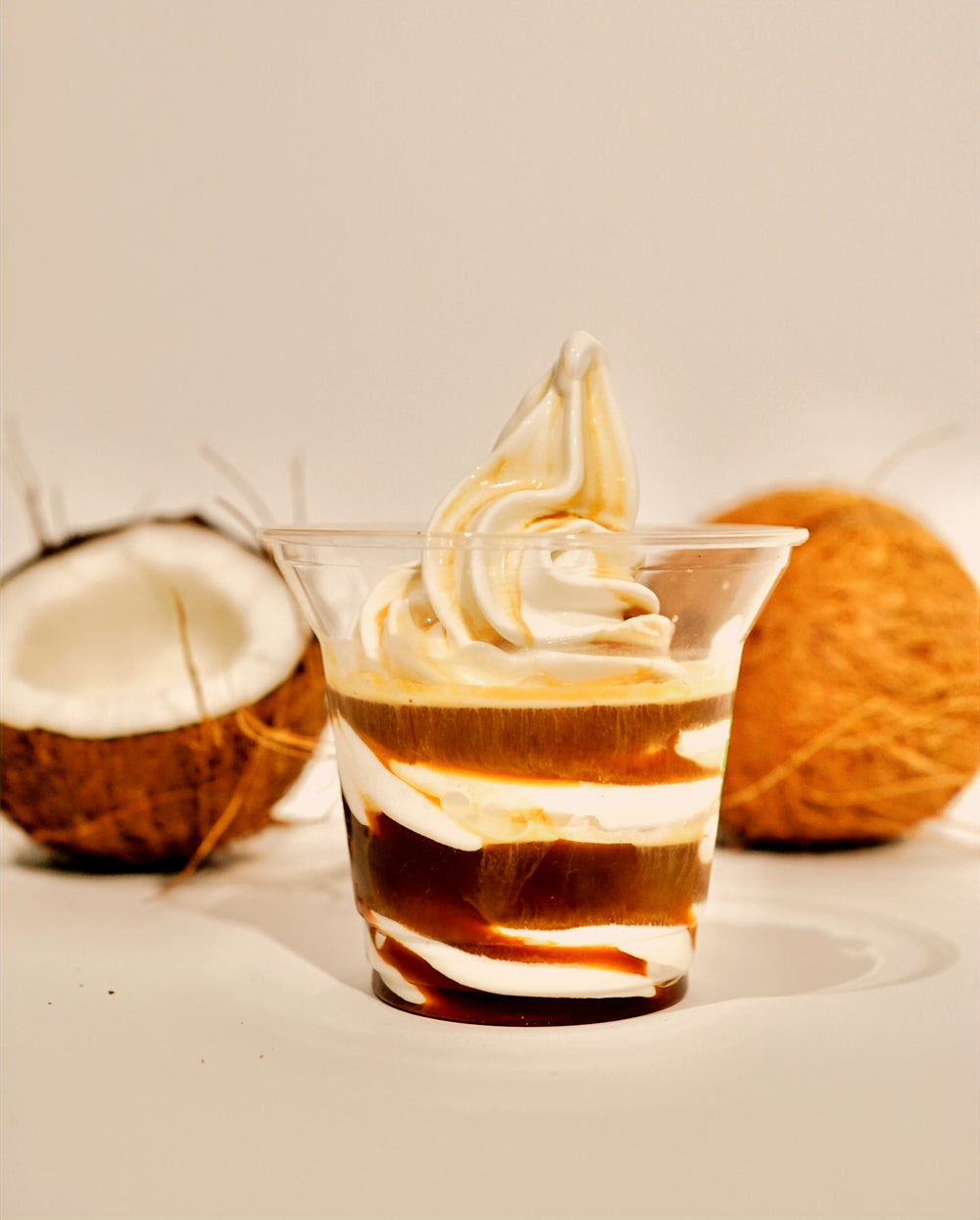 Finished affo coconut soft-serve with a dark pour and toppings