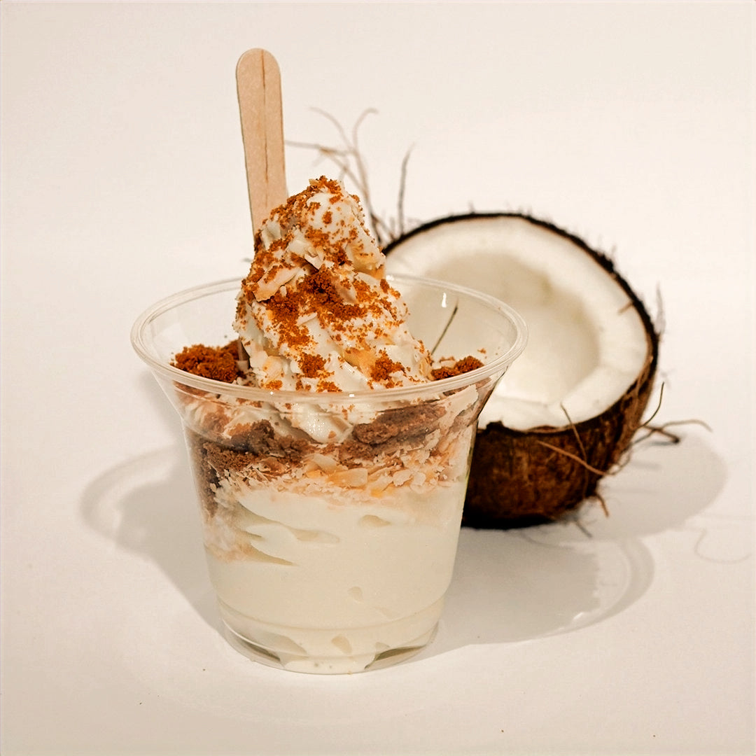 affo coconut soft-serve finished with coconut toppings